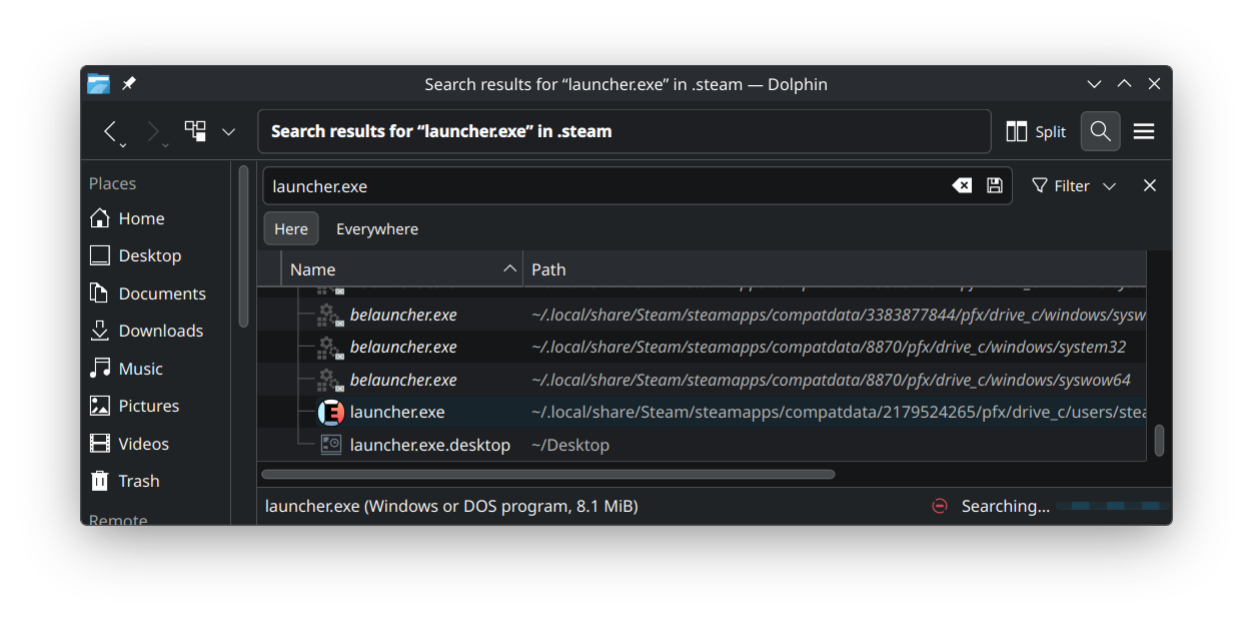 Searching for launcher.exe inside ~/.steam to locate the installed binary in the Proton prefix