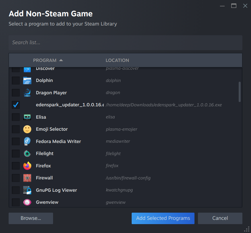 Steam "Add a Non-Steam Game" dialog with the EdenSpark updater selected