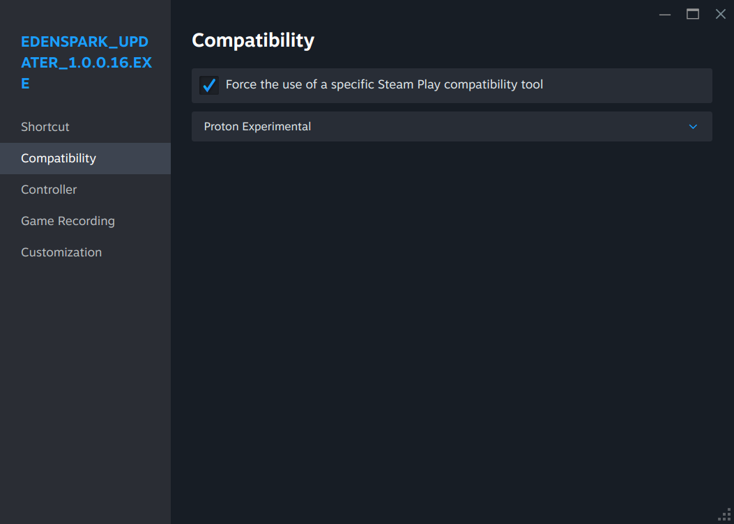 Steam Compatibility tab with "Proton Experimental" forced for the updater